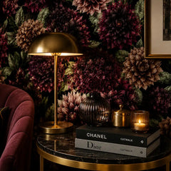 Dark floral accent wallpaper full bedroom installation, moody midnight dahlia pattern