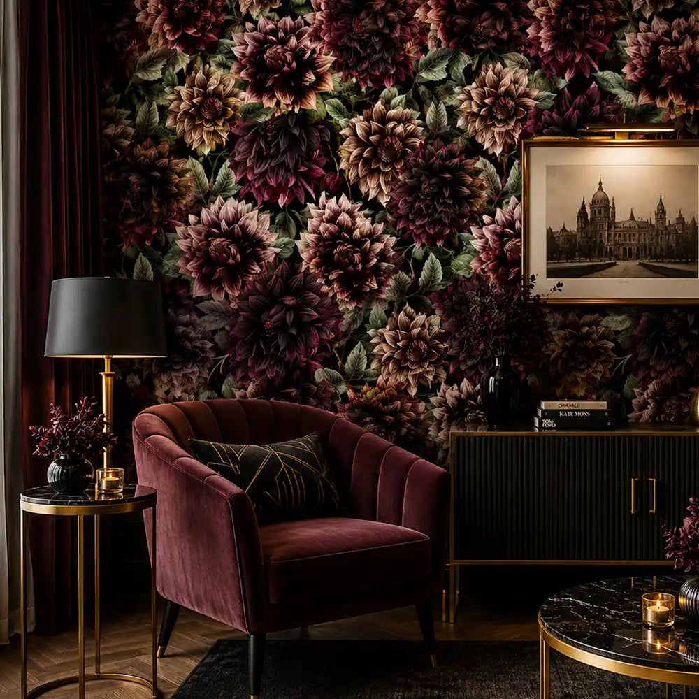 Midnight dahlia wallpaper close-up showing bold dark flower petals and burgundy detail