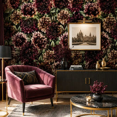 Removable dahlia wallpaper sample showing oversized floral scale and dark color depth