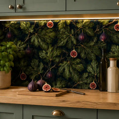 Midnight fig wallpaper close-up with dark fig leaf and fruit detail on deep green ground