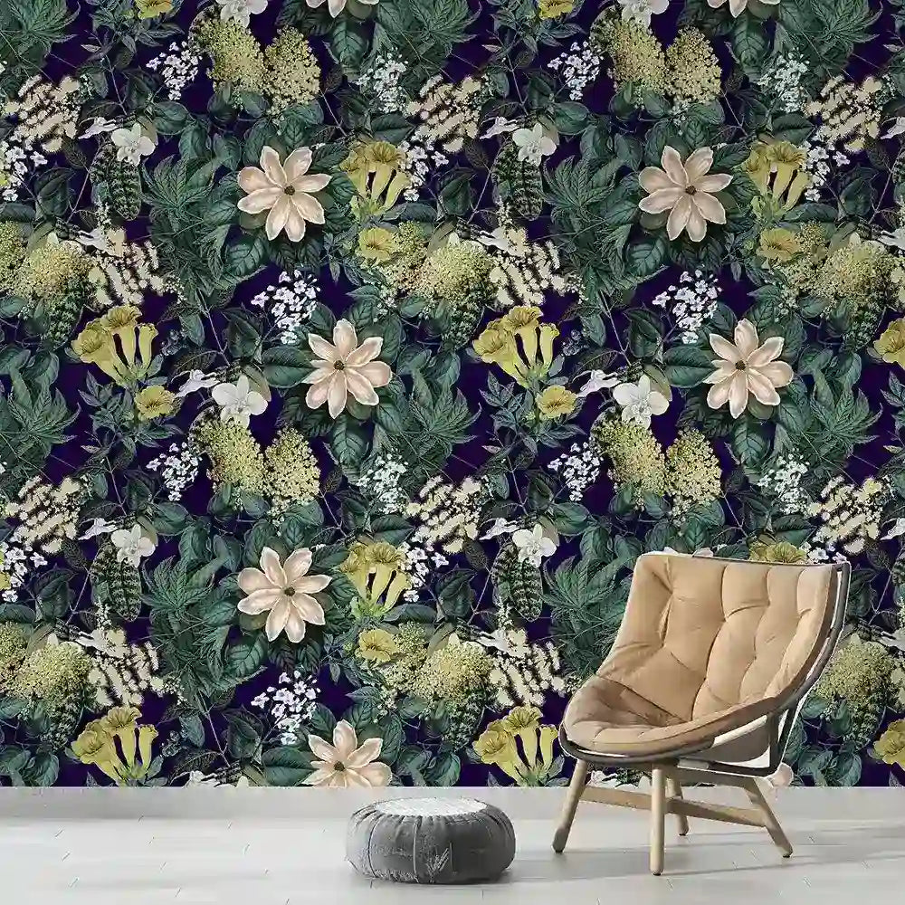 Bold jungle wallpaper full bedroom installation, moody dark botanical accent wall design