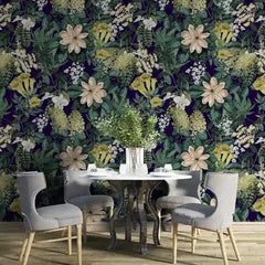 Dark jungle removable wallpaper in living room, dramatic deep forest green statement wall