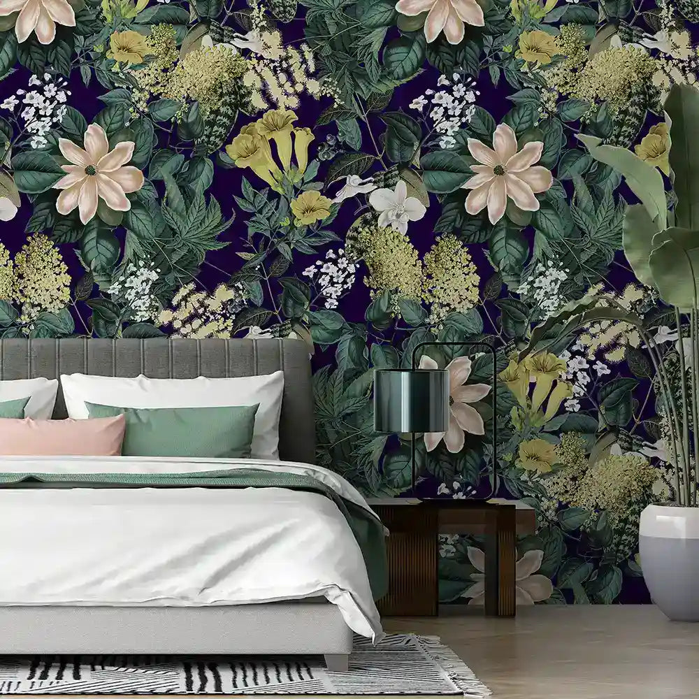 Midnight jungle peel-and-stick wallpaper texture close-up, rich deep botanical canvas