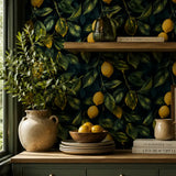 Dark lemon grove peel-and-stick wallpaper dining room feature wall, full pattern view