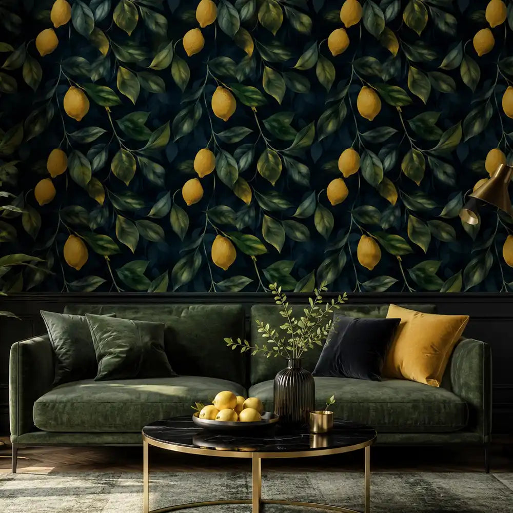 Midnight lemon removable wallpaper sample showing scale and leaf arrangement detail