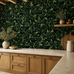 Dark olive grove peel-and-stick wallpaper full bedroom wall, moody atmospheric design