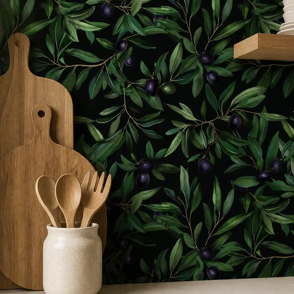 Midnight olive grove wallpaper close-up with atmospheric dark olive leaves and berries