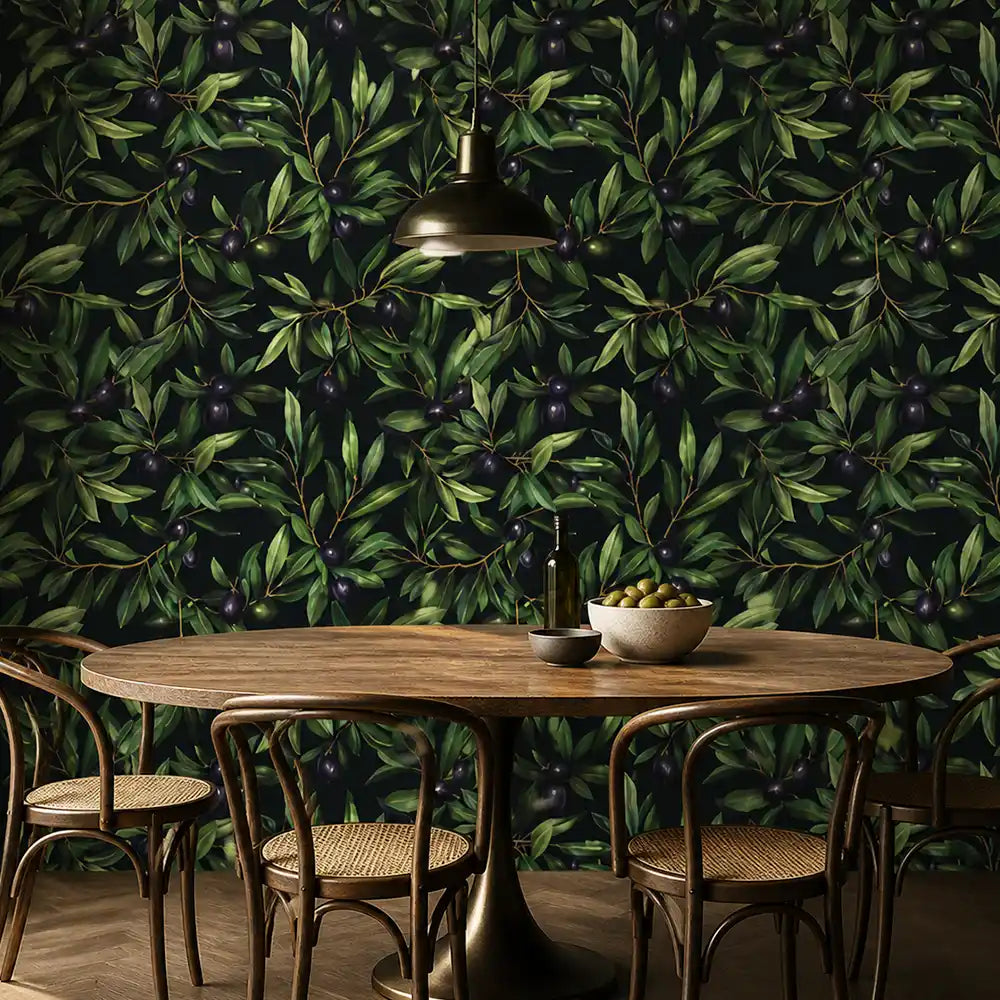 Olive grove removable wallpaper in living room, deep green Mediterranean accent wall