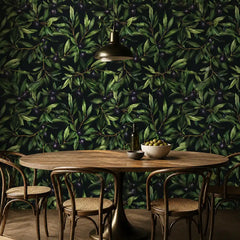 Olive grove removable wallpaper in living room, deep green Mediterranean accent wall