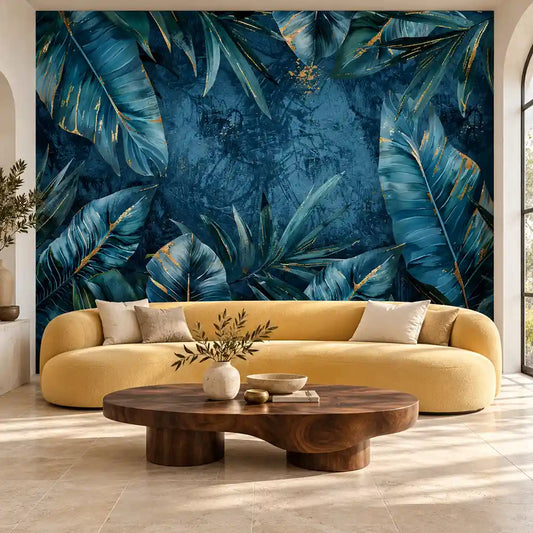 Midnight Tropical Luxe mural with teal banana leaves behind a curved mustard sofa