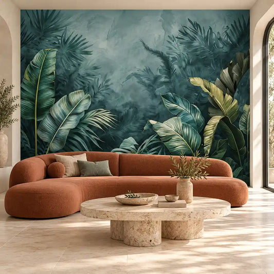 Midnight Tropical Mist wall mural with misty teal jungle leaves behind a rust curved sofa