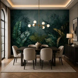 Dark tropical mural close-up detail showing misty jungle canopy and teal tones