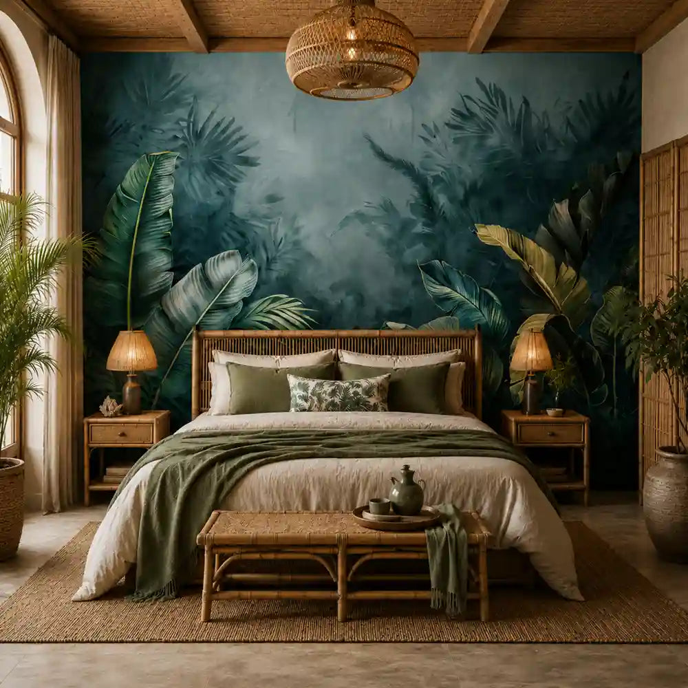 Peel-and-stick dark tropical wall mural sample showing print quality and deep color