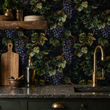 Dark vineyard peel-and-stick wallpaper canvas texture close-up, rich botanical finish