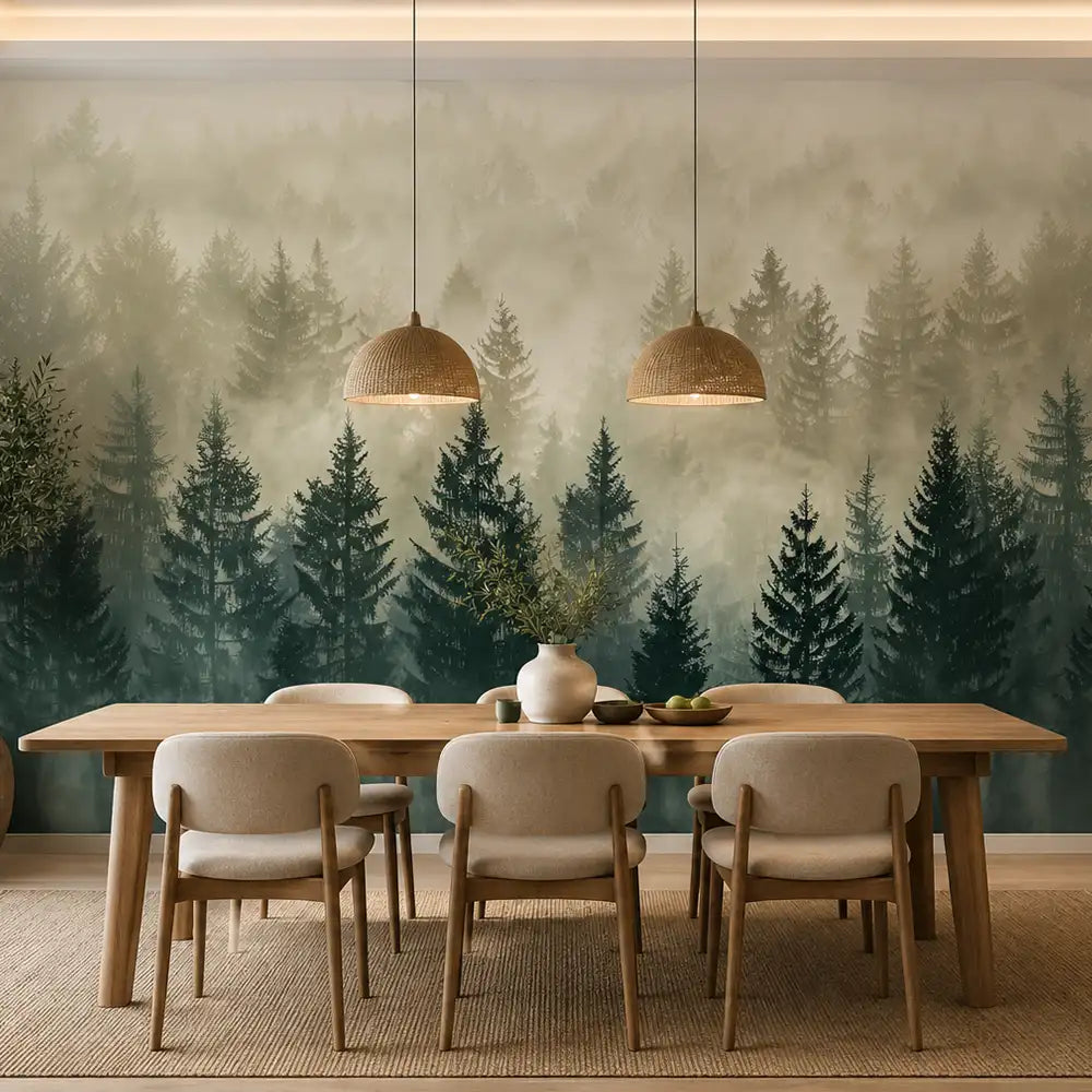 Foggy pine forest mural in a minimalist dining room with rattan pendant lights