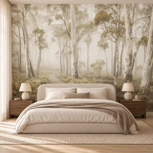 Misty forest wall mural with pale eucalyptus trees behind a serene neutral bed