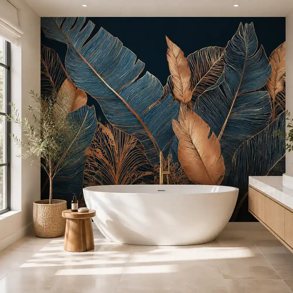 Noir palm mural wallpaper behind a freestanding tub in a bright modern bathroom