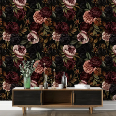 Moody Dark Rose Botanical Wall Mural to elevate your bedroom style.