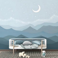 Soft Blue Night Mountain Wallpaper – Calm Peel-and-Stick Bedroom Kids Room Design