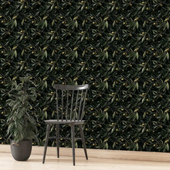 Dark olive wallpaper full bedroom installation, sophisticated deep green accent wall