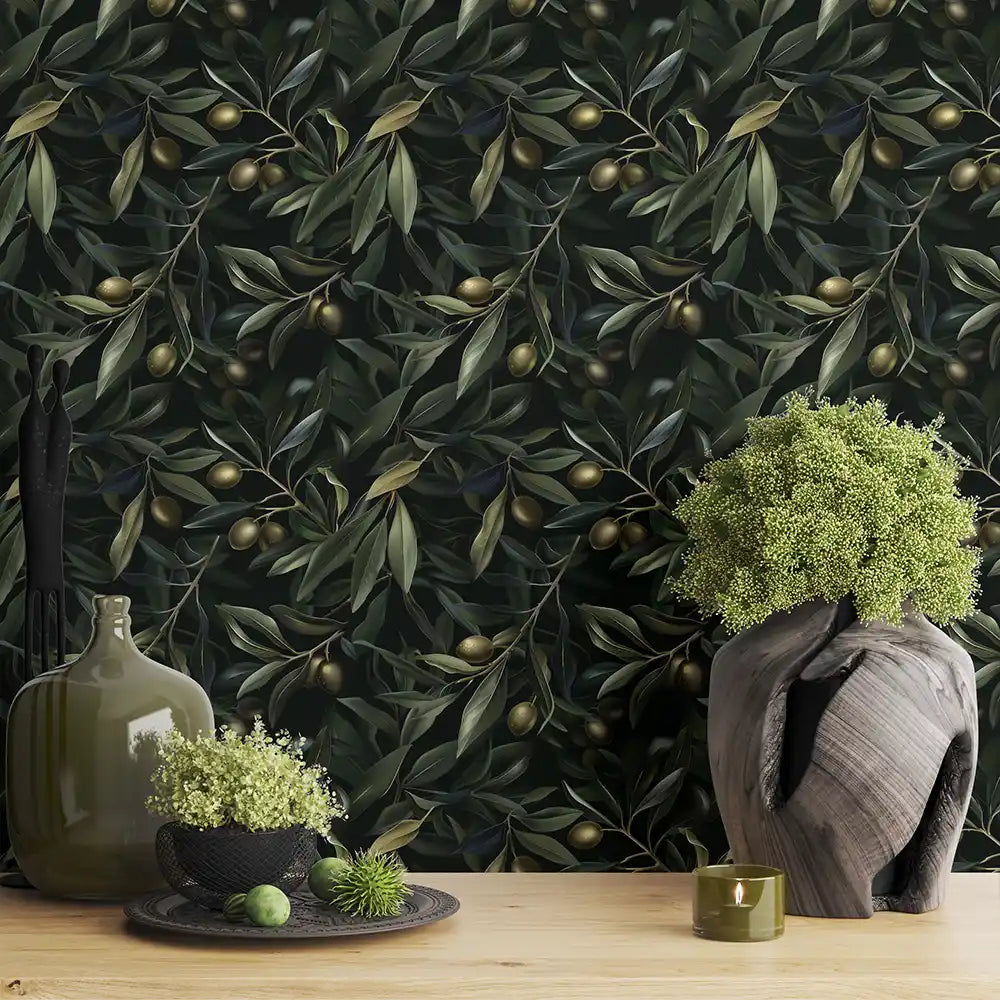 Noir olive peel-and-stick wallpaper in living room, refined dark botanical feature wall