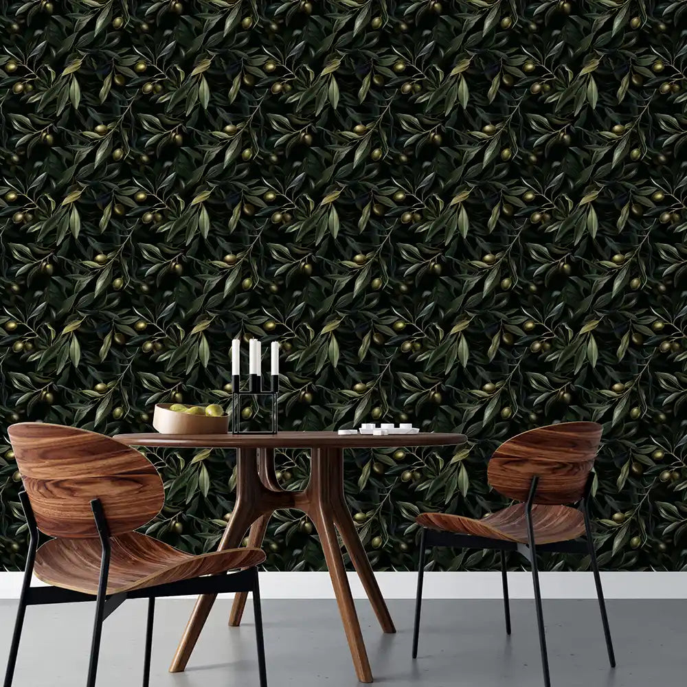 Noir olive removable wallpaper installed in office, dark moody botanical feature wall
