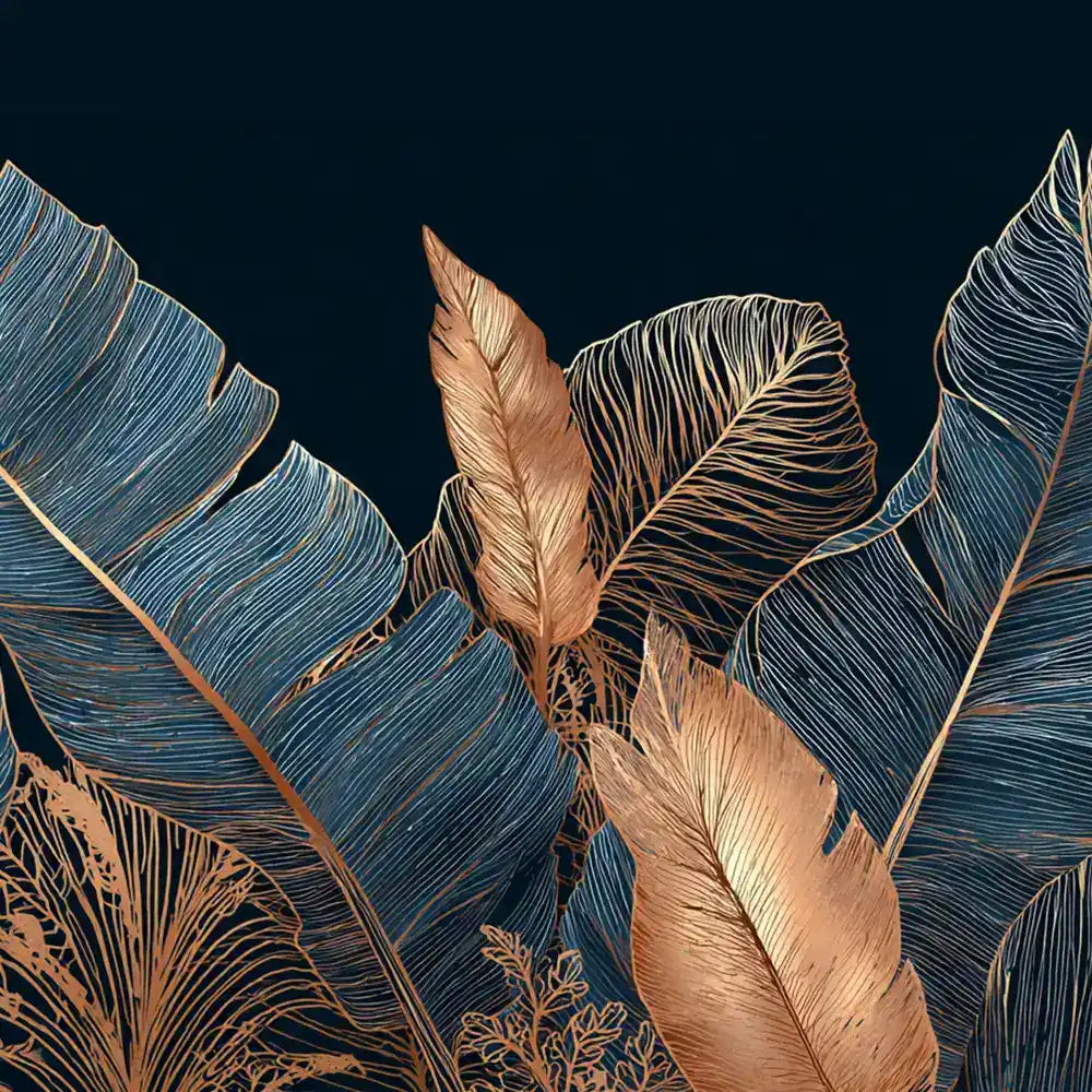 Close-up of noir palm mural showing navy and copper leaves on a dark background
