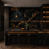 Obsidian marble removable wallpaper in living room, dramatic dark stone feature wall