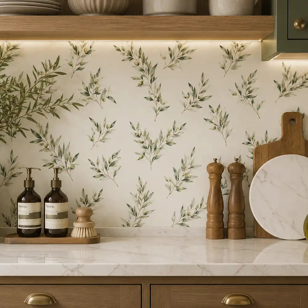 Texture close up of olive branch watercolor wallpaper with a matte surface.