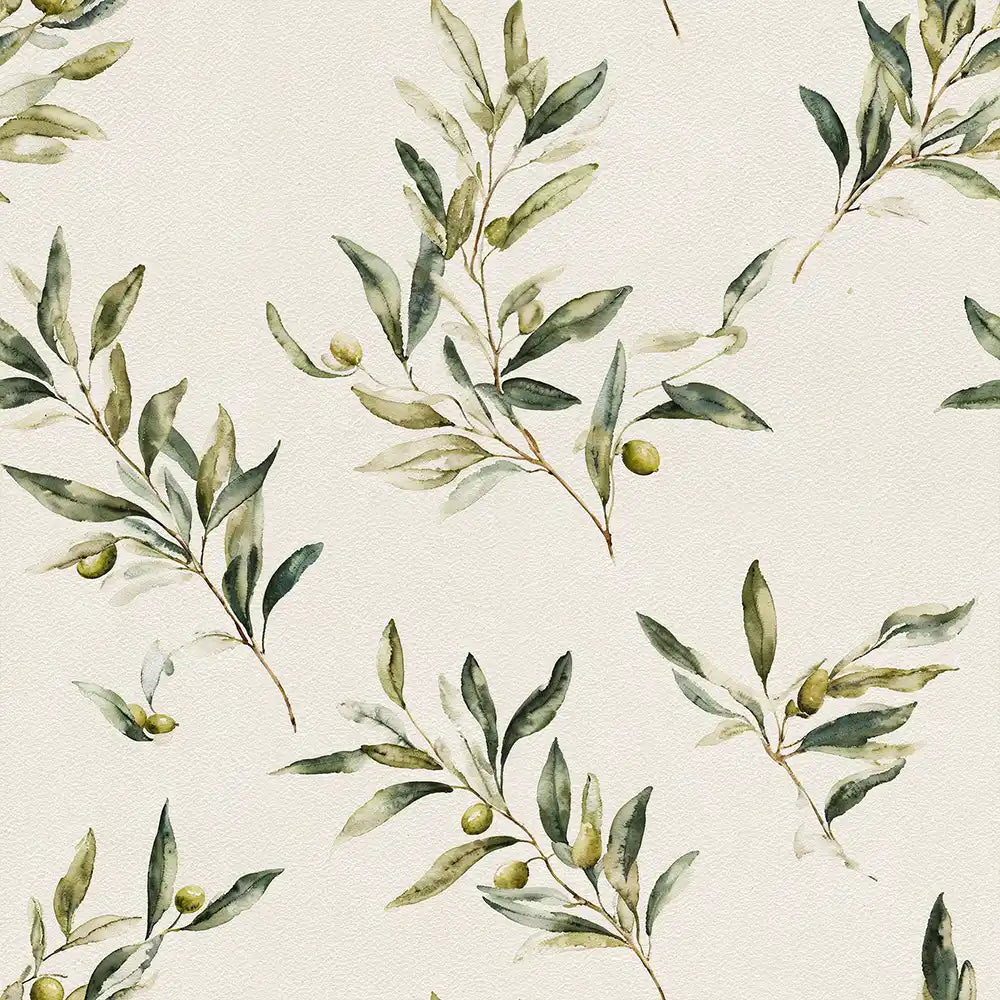 Olive branch watercolor wallpaper with painted foliage for calm interiors.