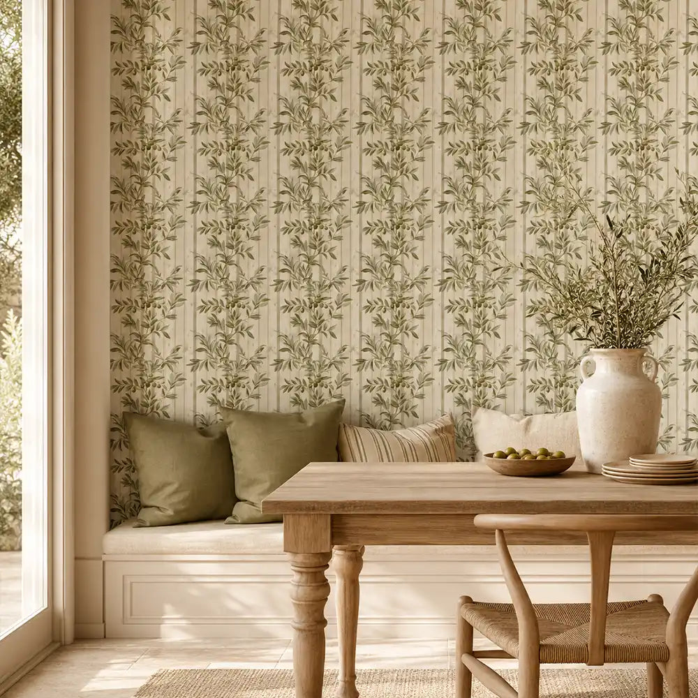 Neutral stripe botanical wallpaper installed in bedroom, calming minimal stripe design