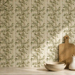 Olive stripe removable wallpaper in living room, structured botanical accent wall