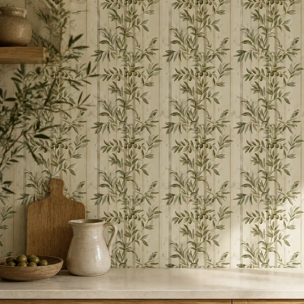 Olive grove stripe peel-and-stick wallpaper sample tile, neutral beige and green tones