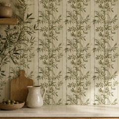 Olive grove stripe peel-and-stick wallpaper sample tile, neutral beige and green tones