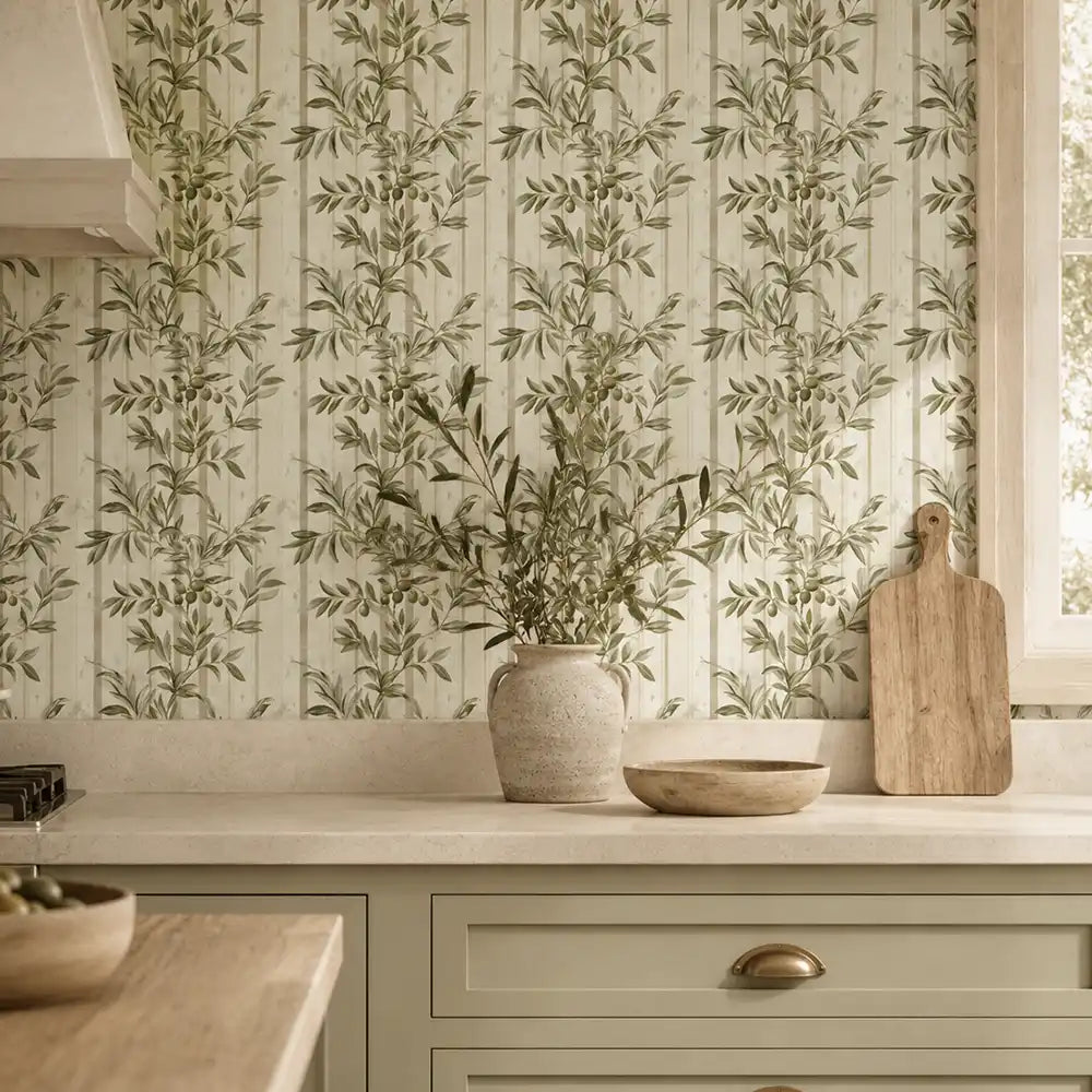 Olive grove stripe wallpaper close-up showing vertical stripe with leaf motif detail