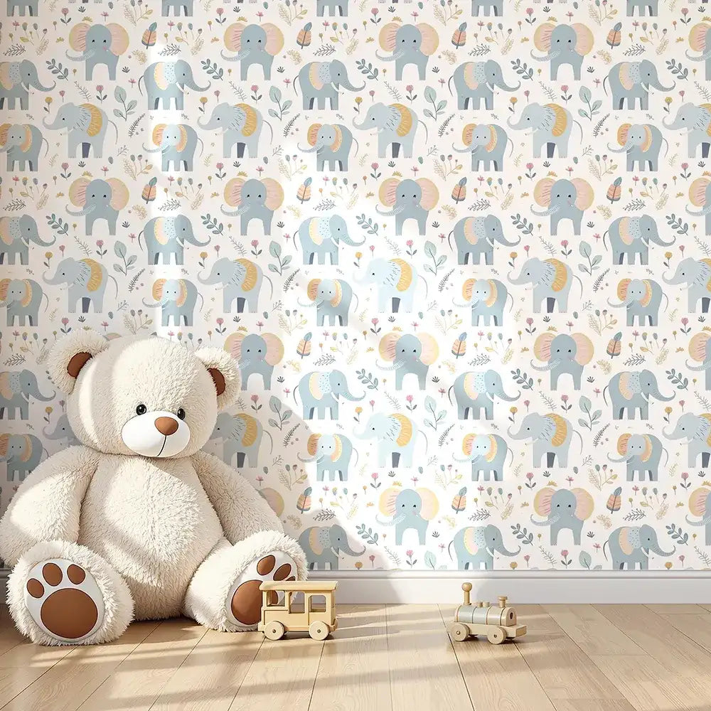 Pastel baby elephant kids room nursery wallpaper creates a soft playful mood.