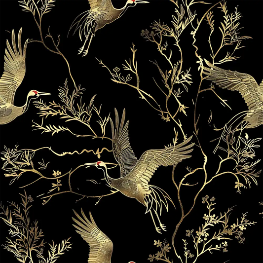 Peel and stick Black and Gold Crane Wallpaper for simple installation.