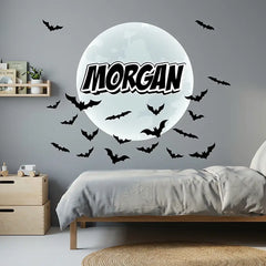 Custom Name Bat Moon Wall Sticker – Halloween Kids Room Personalized Decal