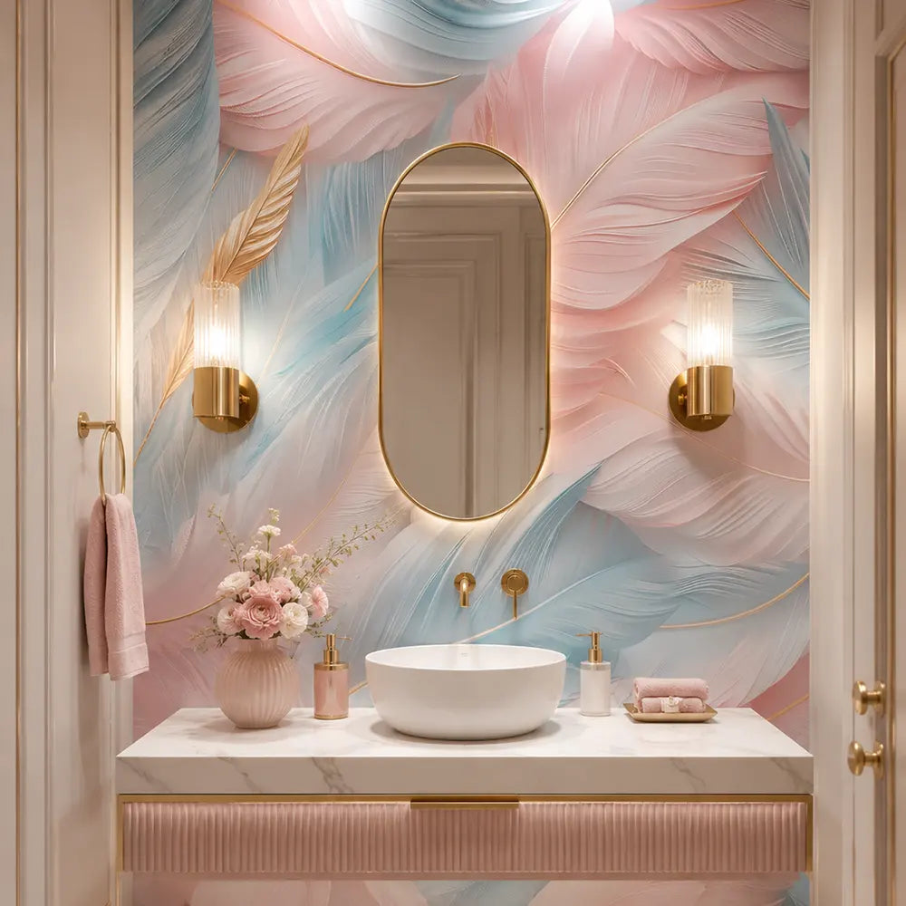 3D feather wallpaper in a pink powder room with oval mirror and gold sconces