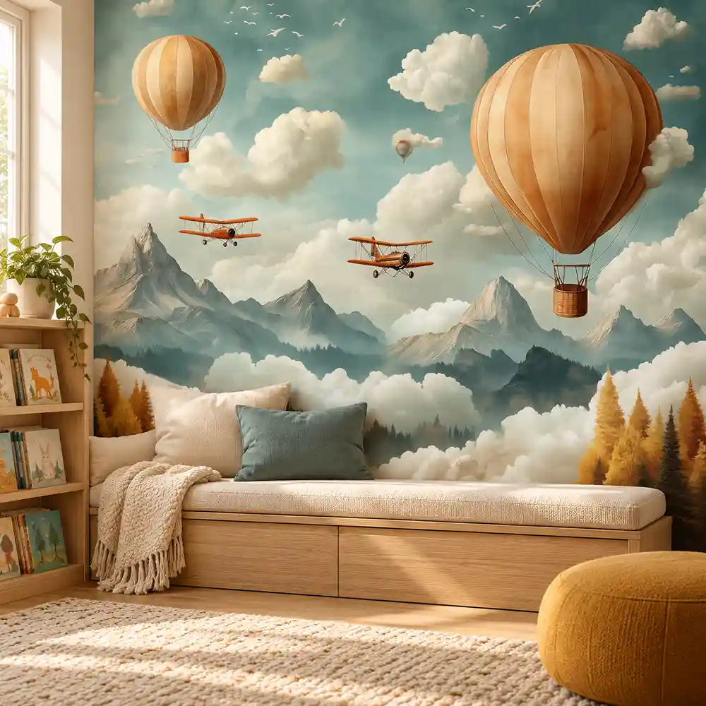 Cozy reading nook daybed under a balloons and clouds kids room wall mural