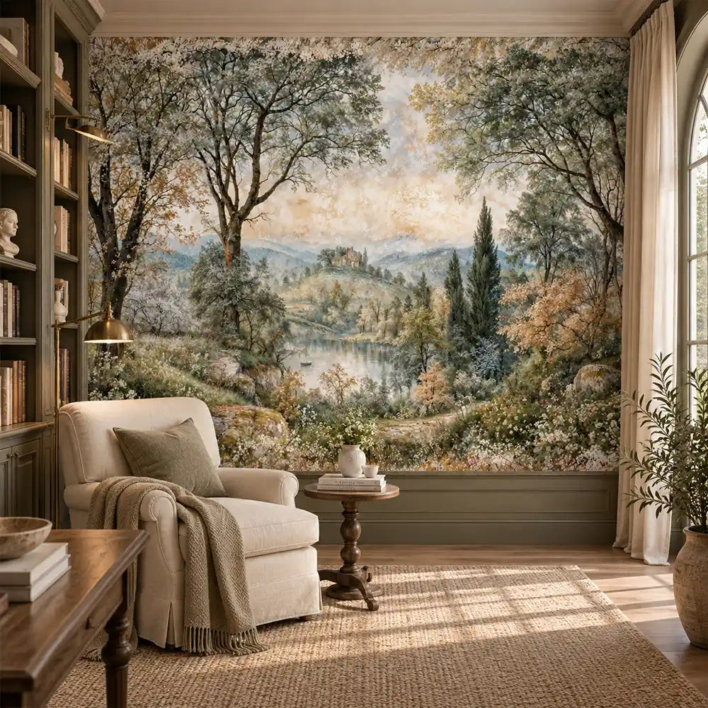 Reading nook armchair beside bookshelves and a countryside landscape wall mural