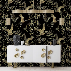 Removable Black and Gold Crane Wallpaper for your bedroom retreat.