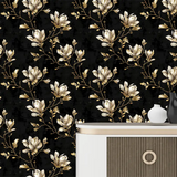 Removable Black and Gold Magnolia Wallpaper for a sophisticated bedroom.
