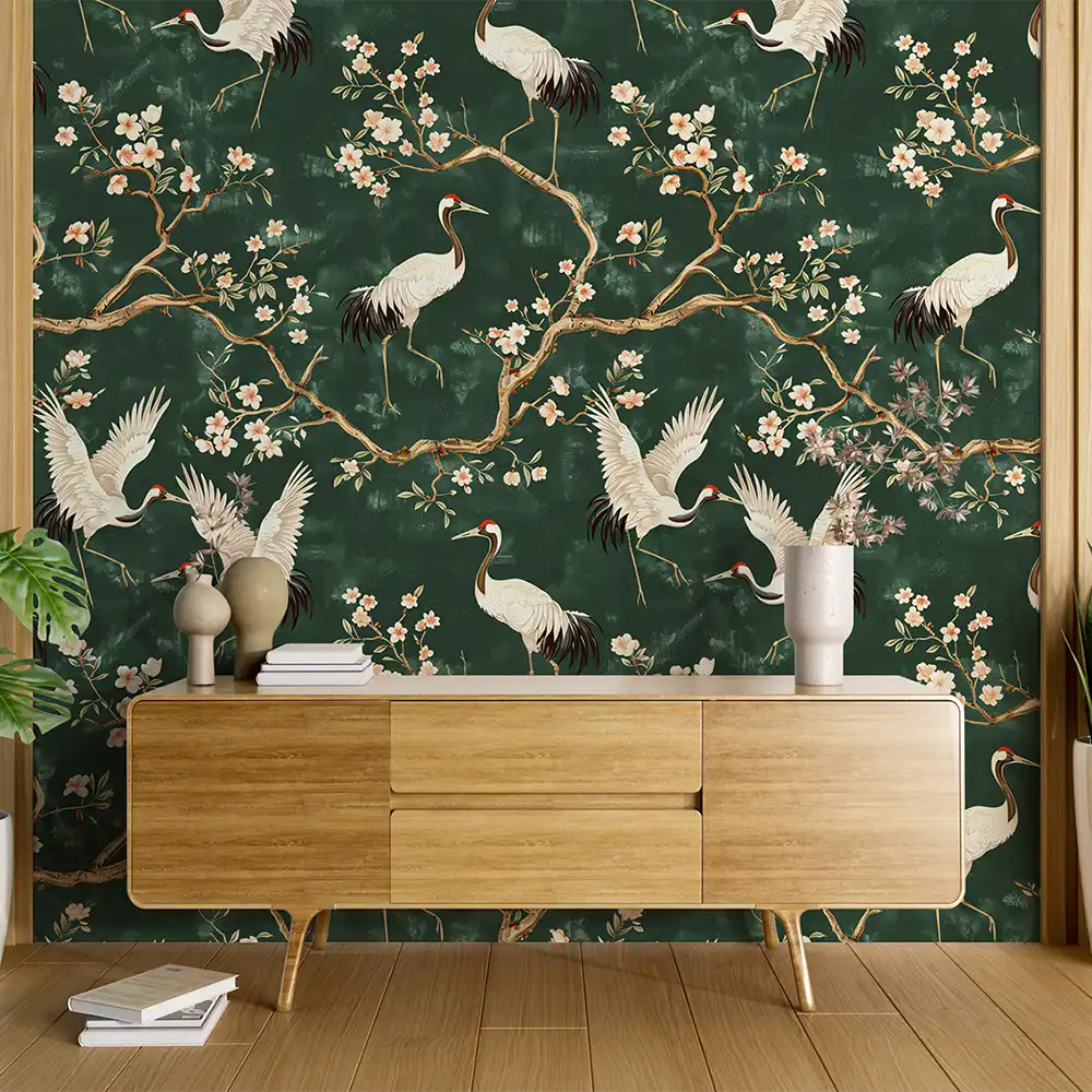 Removable Green Chinoiserie Crane Wallpaper for easy room refresh.