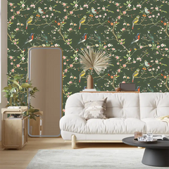 Removable self-adhesive Green Chinoiserie Bird Wallpaper for easy setup.