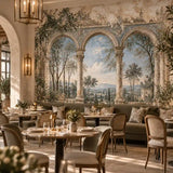 Restaurant dining area with an aged Italian arches peel and stick fresco mural