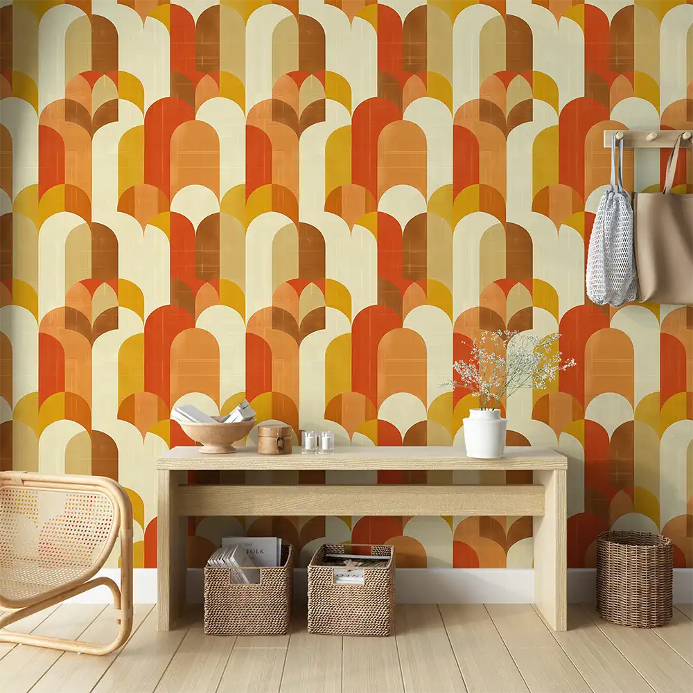 Retro Orange and Mustard Geometric Wall Mural for a modern office.