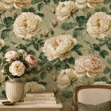 Romantic cream peony wallpaper used on a bedroom feature wall at home.