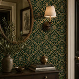 Classic damask removable wallpaper in burgundy red, luxurious bedroom feature wall