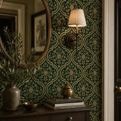 Classic damask removable wallpaper in burgundy red, luxurious bedroom feature wall